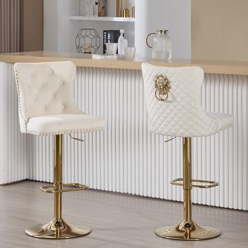 Chummaven Bar Stools Set of 2 Velvet Swivel Kitchen Counter Chairs with Tufted High Back Modern Upholstered Gold Barstools with Lion Pull Ring/Golden Base for Dining Room/Home Bar/Kitchen, Cream