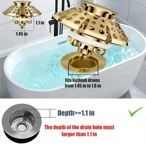 AzWzz Bathtub Drain Stopper, Pop Up Tub Stopper Plug with Bathtub Drain Hair Catcher Cover, Universal for 1.45 in to 1.8 in Tub Drain, Brushed Gold