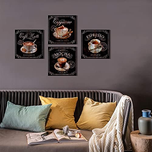 Coffee Wall Art Kitchen Decor Vintage Coffee Bar Wall Decor Black Brown Coffee Theme Dining Room Canvas Pictures Cafe Bean Cup Painting Artwork Restaurant Table Shop Family Home Decoration 12x12" 4Pcs — view 6