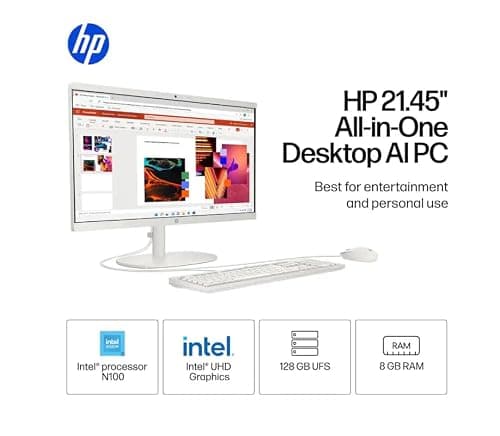 HP 22" All-in-One Desktop Computer, 8GB DDR5 RAM, 128GB UFS Storage,13th Gen Intel Quad-Core CPU, FHD VA Display, WiFi 6, Bluetooth 5.3, RJ45, USB-C (10Gbps), UHD Graphics, 720p Cam, Cashmere White — view 3
