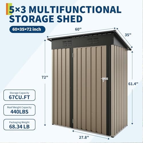 5×3 ft Outdoor Storage Shed, 67 CU.ft Metal Tool Shed with Sloping Roof and Lockable Door, Compact Garden Shed for Backyard, Patio and Lawn Organization, Brown