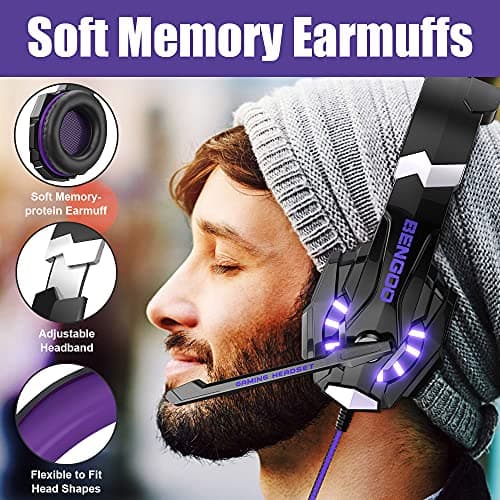 BENGOO G9000 Stereo Gaming Headset for PS4, PC, Xbox One Controller, Noise Cancelling Over Ear Headphones with Mic, LED Light, Bass Surround, Soft Memory Earmuffs (Purple) — view 2