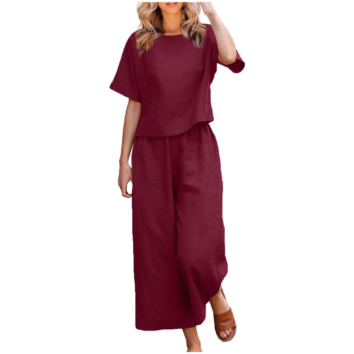 Womens 2 Piece Outfits Summer Linen Sets Short Sleeve V Neck Cropped Top Wide Leg Capris Pants Beach Lounge Sets — view 6