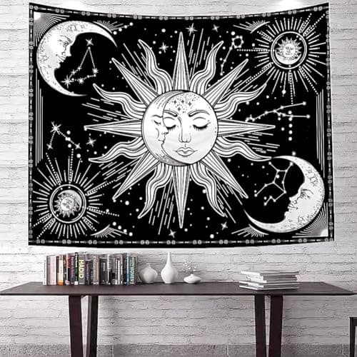 Jation Moon and Sun Tapestry Burning Sun Star Psychedelic Mystic Wall Hanging Poster Black and White Tapestry Art for Home Headboard Dorm Decoration in 150 * 130cm