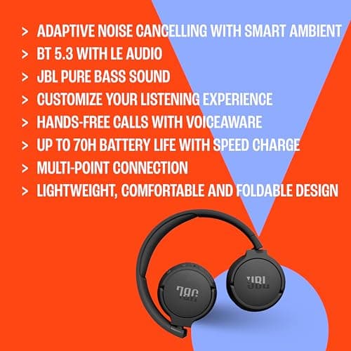 JBL Tune 670NC - Adaptive Noise Cancelling with Smart Ambient Wireless On-Ear Headphones, Up to 70H Battery Life with Speed Charge, Lightweight, Comfortable and Foldable Design (Black) — view 4