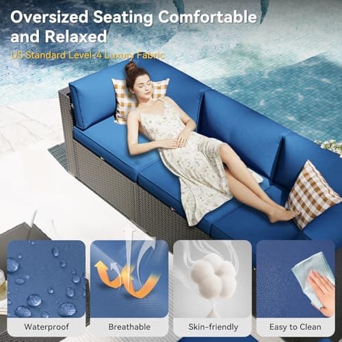 Aoxun Patio Furniture Set with Fire Pit Table, 8 Piece Outdoor Sectional Sofas, Wicker Rattan Outdoor Furniture with Thickened Cushion for Backyard, Garden Navy Blue — view 2