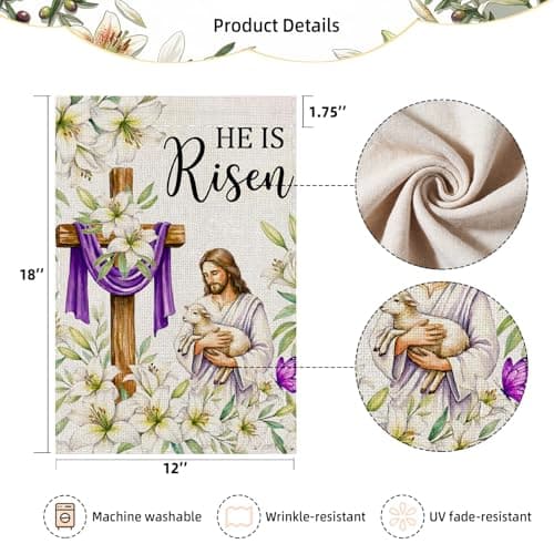 SMBLCE He Is Risen Easter Garden Flag 12x18 Inch Double Sided Outside flag, Jesus, Lamb, Cross, Bouquet of Lilies Yard Outdoor Easter Holiday Decoration — view 2