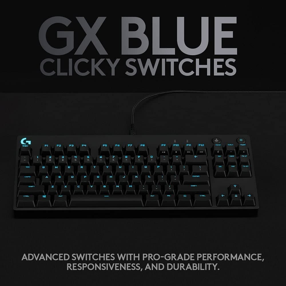 Logitech G PRO Mechanical Gaming Keyboard – Ultra Portable Tenkeyless Design, Detachable Micro USB Cable, Advanced GX Blue Clicky Switches, LIGHTSYNC RGB Backlit Keys, QWERTY UK, PC/Mac - Black — view 3