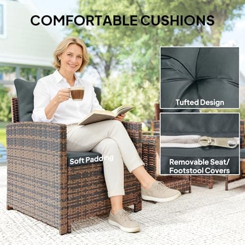 Outsunny 5 Piece Patio Furniture Set, Wicker Patio Chairs with Ottomans, 2-Tier Glass Coffee Table, Cushions, Outdoor Furniture Conversation Set for Balcony, Brown/Dark Grey — view 5
