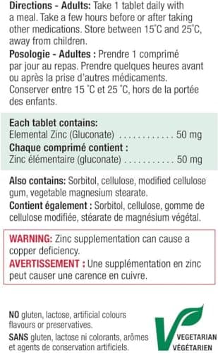 Jamieson Ultra Strength Zinc 50 mg, Supports Immune Health, Tissue Formation, and Healthy Skin. Vegetarian, Non-GMO, Gluten-Free, 100 Tablets, Proudly Canadian — view 4