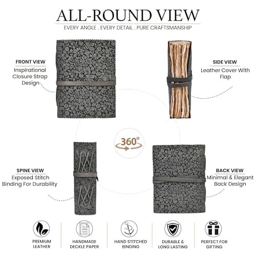 Leather Bound Floral Embossed Journal for Women Men - 200 Pages, 6”X4”(A6), Black - Book of Shadows, Vintage Watercolor Paper, Notebook for Writing, Drawing, Sketchbook By LEATHER VILLAGE — view 5