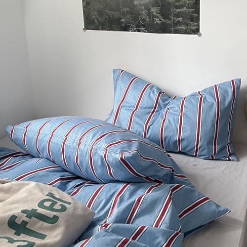 mixinni Vintage Striped Blue Duvet Cover Queen - 100% Cotton Red Stripes 3-Piece Bedding Duvet Cover Set with Zipper Closure, Soft & Breathable Retro Design for All Seasons (Queen Size) — view 3