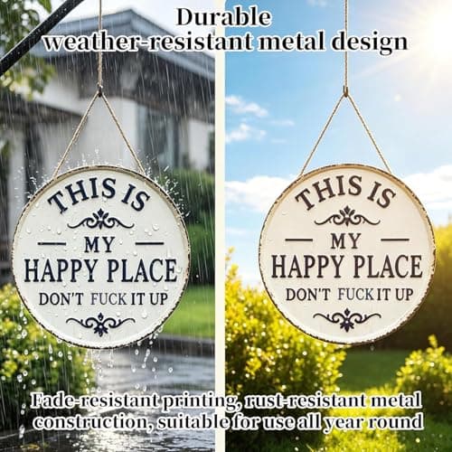 Happy Place – Vintage Statement Metal Sign, This is My Happy Place Don't Fuck It Up Round Garden Wall Decor, Hanging Signs & Plaques, Funny Home Decorative for Front Door 12in — view 2