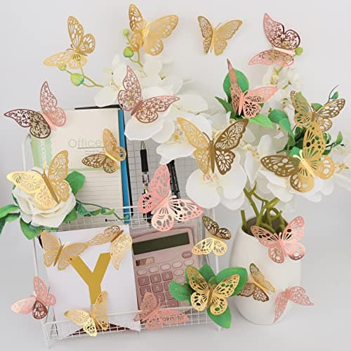 Nelotaor 72 Pcs Butterfly Wall Decor, 3 Styles 3 Sizes 3D Butterfly, Gold and Rose Gold Butterfly, Wedding Decorations, Birthday Party Decorations, Girls Bedroom Decoration(72 Pcs, Gold and Rose Gold) — view 6
