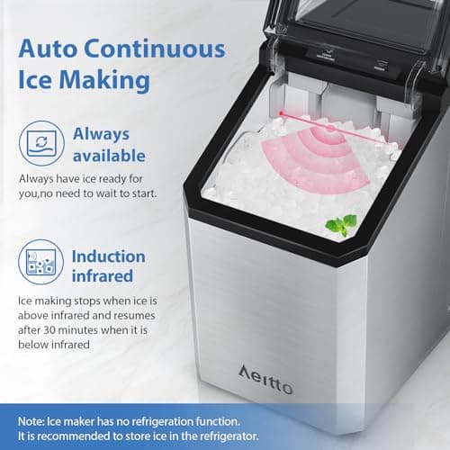 Aeitto Nugget Ice Maker Countertop, 55lbs/24H Ice Machine with 3.6L Water Tank&3.2Lbs Ice Basket, Self-Cleaning Pebble Ice Maker with Stainless Steel Housing for Home Office and Party, Silver — view 5