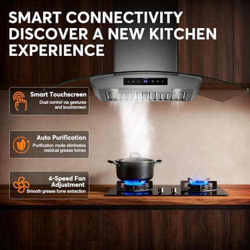 TAZPI 30 Inch Wall Mount Range Hood 1200 CFM, 4-Speed Wall Mount Range Hood with Touch Control & Gesture Sensing Stainless Steel Kitchen Stove Vent Hoods with 2 LED Lights Pro Series — view 2
