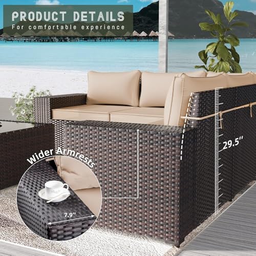 RTDTD 6 PCS Outdoor Patio Furniture Set,Outdoor Sectional Furniture All Weather PE Rattan Wicker Patio Conversation Set with Coffee Table and 5 Thickened Cushions,Brown — view 2