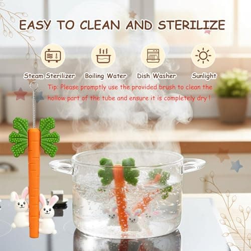 Baby Teething Toys Silicone Carrot Rabbit Hollow Teething Tubes -Sensory Chew Toys Over 3 Months - Teether Straws for Teething Relief -BPA Free Infant Toys Baby Shower Gifts Baby Essentials (1) — view 5