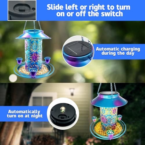 ENKAP Solar Bird Feeder for Outdoors, 3 Nectar Cups for Hummingbirds, Metal Squirrel-Proof Weatherproof, 2-in-1 Garden Lantern Auto Light at Night, Perfect for Birthdays, Christmas, Bird Lovers — view 3