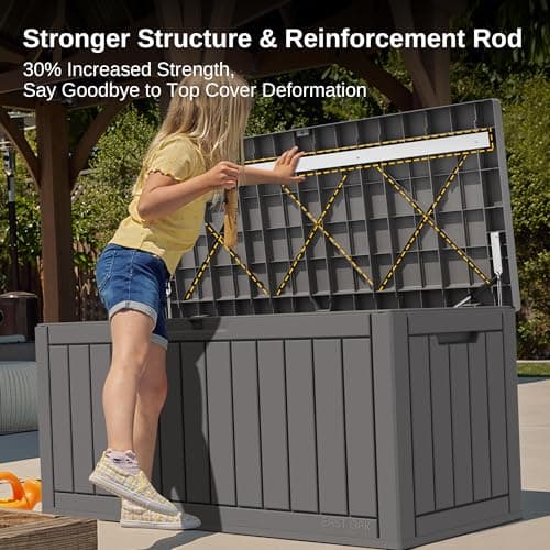 EAST OAK Outdoor Storage Box, 90 Gallon Deck Box Indoor and Outdoor Use, Waterproof Resin Storage Bin for Patio Cushions, Gardening Tools, Lockable, UV Resistant, Grey — view 3