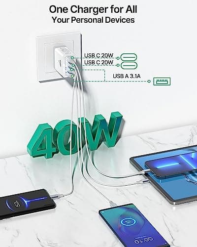 [2-Pack] USB C Wall Charger, 40W Fast USB C Charger Block, 4-Port PD Power Adapter + QC Wall Plug Multiport Type C Charging Block Cube Compatible with iPhone 16 15 14 13 12 11 Pro Max XR XS 8, Samsung — view 2