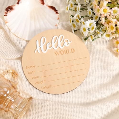 Newborn Announcement Sign with Pen, 5.9in Wooden Hello World Baby Welcome Sign for Newborn Boys and Girls Photo Props Baby Shower Hospital Nursery (White) — view 2