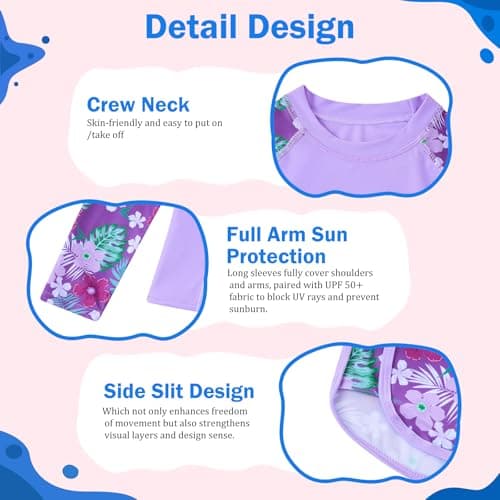 Kinberr Girls Swimsuit 8-9 Years Long Sleeve Bathing Suit 2-Piece Rash Guard Set Quick Dry Swimwear for Summer,Purple — view 2