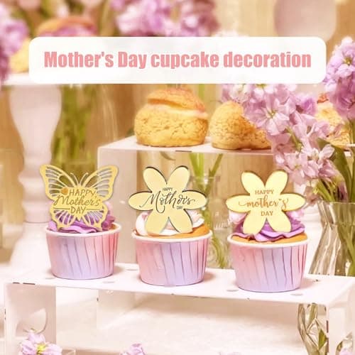 SKTMH 9Pcs Happy Mother's Day Cupcake Toppers, Mirror Acrylic Cupcake Toppers for Mother's Day Birthday Day Cake Decorations, Butterfly/Flower/Heart Shape Designed Cake Decorations — view 2