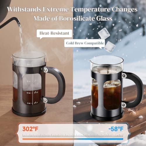 Veken French Press Coffee Maker 21oz 0.6 L, Heat Resistant Thickened Borosilicate Glass, No Plastic Touching Cafe, Single Serve Small Pot, Stainless Steel Brewer,Teapot for Kitchen Camping,Dark Pewter — view 4