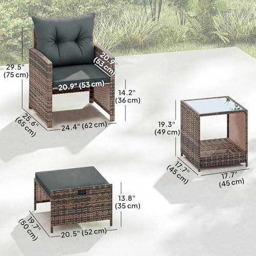 Outsunny 5 Piece Patio Furniture Set, Wicker Patio Chairs with Ottomans, 2-Tier Glass Coffee Table, Cushions, Outdoor Furniture Conversation Set for Balcony, Brown/Dark Grey — view 6