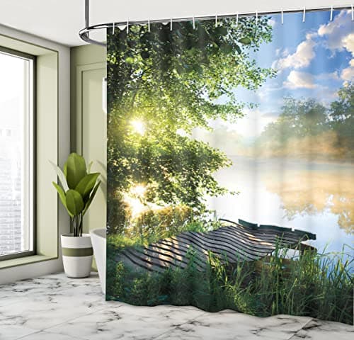 Ambesonne Landscape Shower Curtain, Fishing Pier by River in The Morning Clouds and Trees Nature Image, Cloth Fabric Bathroom Decor Set with Hooks, 69" W x 70" L, Green Blue — view 3