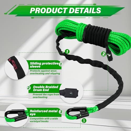 TYT Synthetic Winch Rope Kit, 1/4" x 50' (10,000 lbs) with Protective Sleeve, Heavy-Duty Hook, Rubber Stopper & Safety Pull Strap, for ATV/UTV and Off-Road 4x4 Vehicles (Green) — view 2