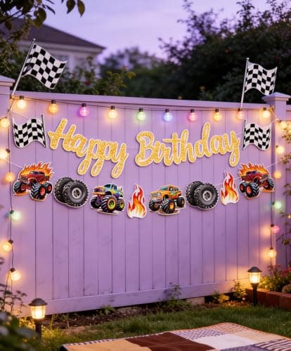 Monster Truck Happy Birthday Banner Racing Truck Party Wall Sign Decor — view 3