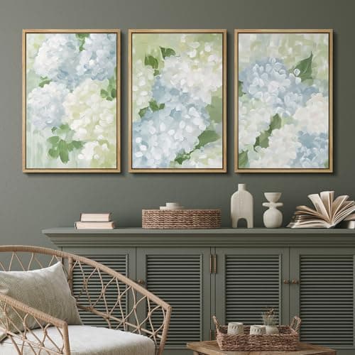 SIGNFORD Framed Canvas Print Wall Art Set Soft Hydrangea Floral Subtle Blue and Green Hues Illustrations Modern Art Relax/Calm for Living Room, Bedroom, Office - 16"x24"x3 Natural — view 3