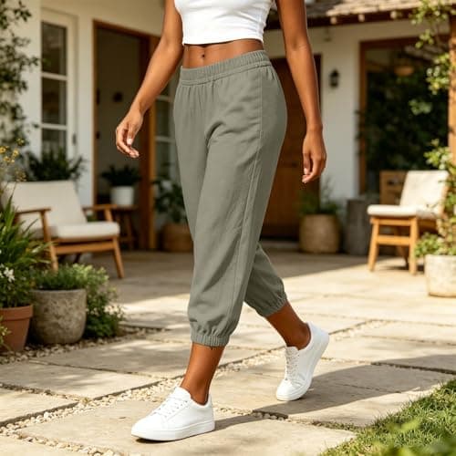 Cotton Linen Harem Pants Women Elastic Waist Loose Baggy Casual Wide Leg Pant Cuffed Ankle Lantern Style Summer Capri 2026 Army Green — view 2