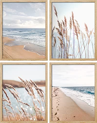SIGNWIN Framed White Beach Grass Cloudy Ocean Sea Wave Horizon Wall Art, Set of 4 Landscape Colorful Wall Decor Prints, Nature Wilderness Wall Décor for Living Room, Bedroom - 8"x10" Natural