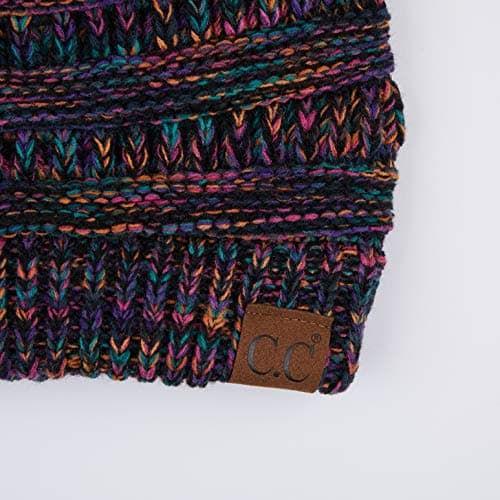 C.C Soft Stretch Cable Knit Messy Bun Ponytail Beanie Winter Hat (MB-816A) (Black Multi(32)) — view 4