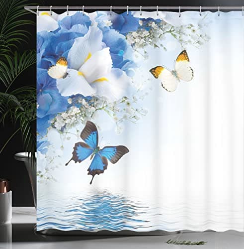 Ambesonne Floral Shower Curtain, Nature Theme Wild Flowers Monarch Flying Butterflies Lily on Lake Therapy Spa, Cloth Fabric Bathroom Decor Set with Hooks, 69" W x 70" L, Blue White — view 2