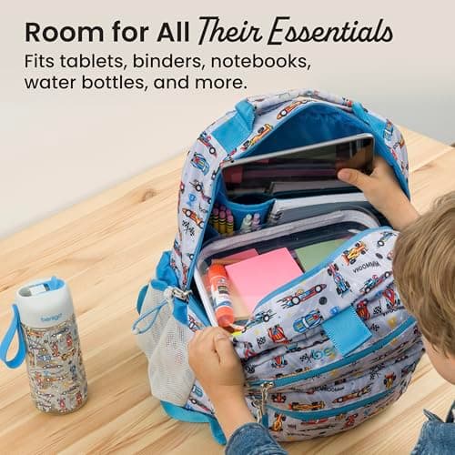 Bentgo Kids Print Backpack - Lightweight 14” Backpack for School, Travel & Daycare, Ideal for Ages 4+, Durable & Water-Resistant, Roomy Interior, & Loop for Lunch Bag (NEW Race Cars)