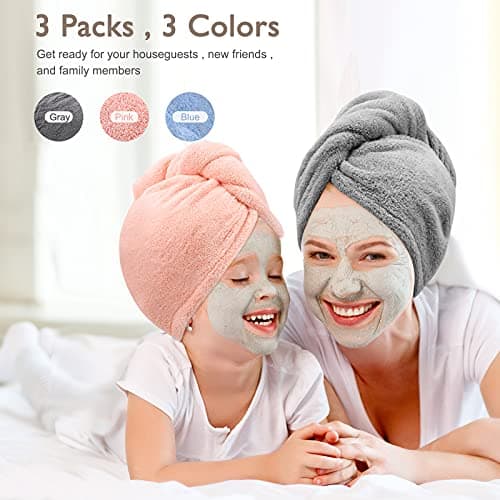 3 Pack Microfiber Hair Towel BEoffer Super Absorbent Hair Wraps for Women Wet Hair, Fast Drying Hair Turban, Hair Caps with Buttons for Drying Curly, Long & Thick Hair Anti Frizz (Gray+Pink+Blue) — view 2