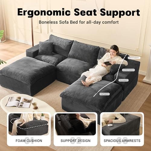 EJC 106.3” Sectional Couches for Living Room, Set of Cloud Couch, Modular Sectional Sofa, Convertible Sofas Bed, Deep Seat Sofa, U Shaped Cozy Sofa Furniture Set, Corduroy, Gray — view 2