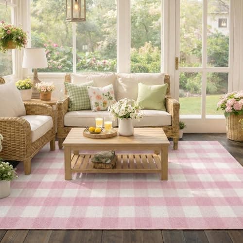 Spring Pink and White Plaid Rug, 2'4" x 3'7" Cotton Blend Layered Doormat Rug for Front Door, Hand-Woven Washable Entryway & Porch Decor — view 5