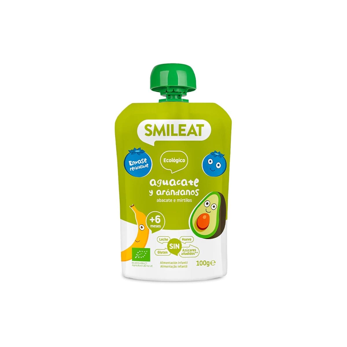 Smileat - Pouch de Aguacate y Arándanos, Ingredientes Naturales Bebibles, Para Bebés a Partir de los 6 Meses - 100g