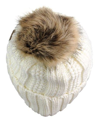 C.C Thick Cable Knit Faux Fuzzy Fur Pom Fleece Lined Skull Cap Cuff Beanie, Ivory — view 3
