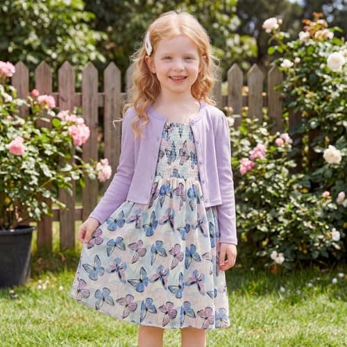 JiAmy Girl Dress and Cardigan 2Pcs Sets Toddler Summer Sleeveless Butterfly Floral Print A-line Dresses with Long Sleeve Coat Kids Casual Clothes for Girls 9-10 Years Purple — view 2