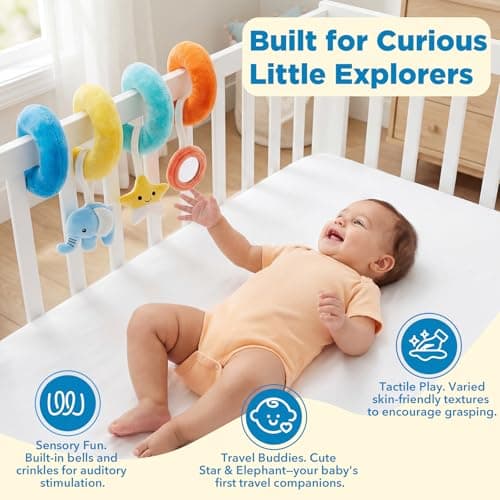 URMYWO Spiral Car Seat Baby Toys 0-6 Months, Nordic Style Sensory Toy for Newborn, Infant Hanging Stroller Toys with Rattle & 3D Crinkle, Squeaker, Mirror, Baby Shower Gift Essentials — view 4