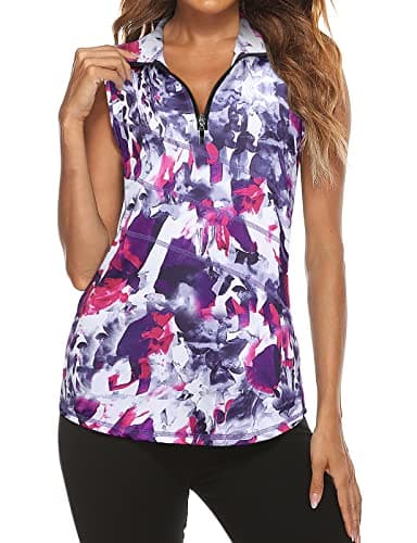 Tanst Sky Women's Tennis Clothes, Ladies Golf Tank Top Zip Up Banded Sleeveless Racerback Quick Dry Wrinkle Free Loose Fit Workout Shirts Yoga Running Athletic Apparel Tie-Dye Purple Large