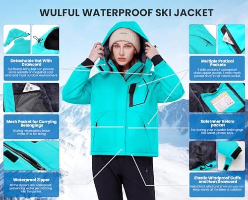 WULFUL Women's Waterproof Ski Jacket Warm Winter Coats Windproof Winter Jackets for Women Fleece Lined Windbreaker with Hood — view 4