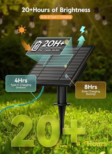 Minetom 100FT Solar-String-Lights-Outdoor-Waterproof, 31+2LED S14 Shatterproof Bulb, Patio Lights with Remote Type-C Port Timable, 3 Light Modes Dimmable Solar String Lights for Outside, Yard, Camping