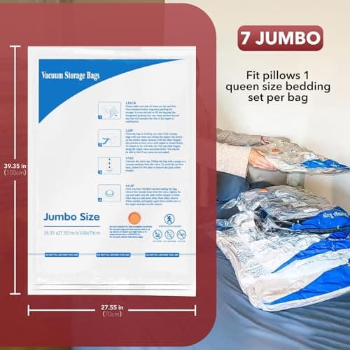 Vacuum Storage Bags 7 Jumbo, Space Saver Sealer Bags,Plastic Packaging Bags,Compression Bags for Clothes, Pillows, Comforters, Blankets, Bedding — view 3